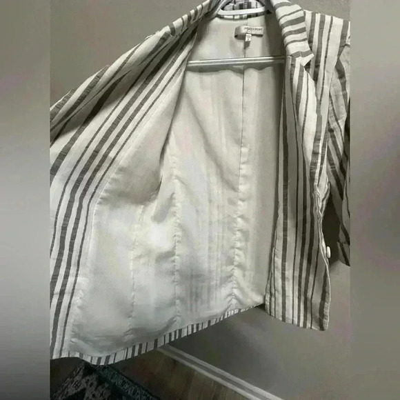 Lavender Brown White & Grey Striped Linen Lightweight Blazer Coastal Cozy - Picture 9 of 12